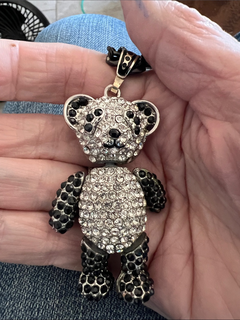 Crystal articulated Panda Pendant Necklace - Black & Clear Rhinestone